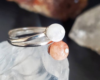 Sun and Moon Divine Magic Ring,  Moonstone and Sunstone Adjustable Silver Ring, Moon Magic, Mystical Talisman for Balancing Energies