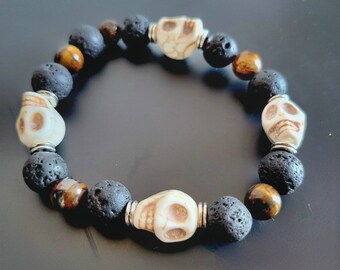 Kali , Kalabhairava Skull, Tiger Eye and Lava Stone Men's Bracelet for Grounding, Meditation, and Courage