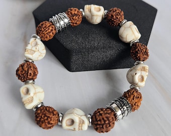 Aghori Strenght, Skull, Rudraksha Men's Bracelet for Grounding, Meditation, and Courage