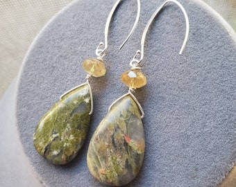 Citrine and Unakite Earrings for Wealth and creativity  Natural Gemstone, Silver