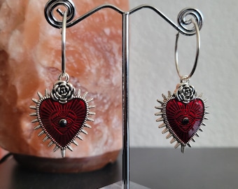 Evil Eye Sacred Heart Silver Hoop Earrings