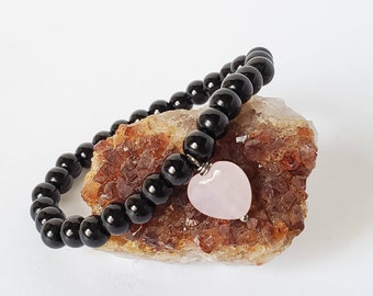 Divine Love and Protection, Rose Quartz and Obsidian Bracelet