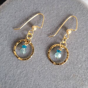 Aquamarine and Blue Apatite golden hoop earrings