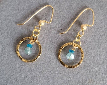 Aquamarine and Blue Apatite golden hoop earrings