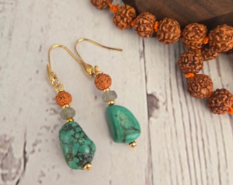 Turquoise, Labradorite, and Genuine Rudraksha earrings for Chakra Activation