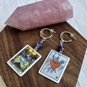 Tarot Card Earrings with Amethyst beads and Stainless steel hoops