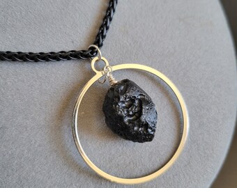 Tektite long men's necklace with black chain