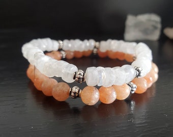 Zonnesteen en maansteen dubbele rij kralen armband voor goddelijke femenine en mannelijke energie, klassiek, elegant cadeau voor haar, maansteen sieraden