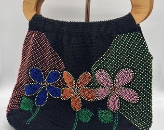 Vintage 1970s Beaded Purse - Sewing/Knitting Bag - Wooden Handles - Floral Design