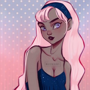 May include: A digital illustration of a woman with pink hair, wearing a blue bandana and a blue sleeveless dress with white polka dots. The background is a pink and blue polka dot pattern. The text "MUZENIKART" is visible on the dress.