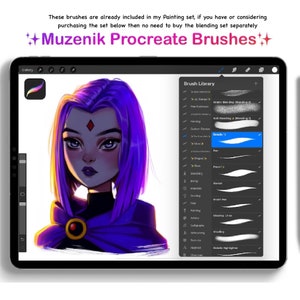 Op de afbeelding: Een digitaal tabletscherm met het bibliotheekmenu van Muzenik Procreate Brushes en een portret van een personage met paars haar. De interface toont verschillende penseelcategorie&euml;n en streekvoorbeelden naast de tekst: These brushes are already included in my Painting set, if you have or considering purchasing the set below then no need to buy the blending set separately. Muzenik Procreate Brushes.
