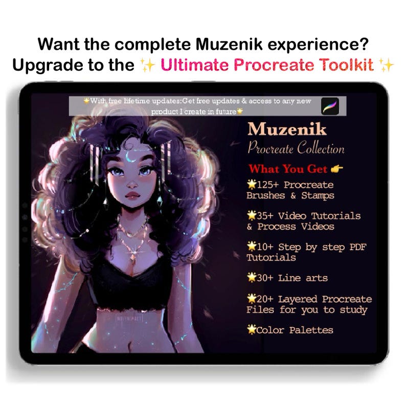 Op de afbeelding: Een digitaal tabletscherm met de Muzenik Procreate Collection. De afbeelding toont een ge&iuml;llustreerd personage met donker krullend haar en een maansikkel-symbool, naast een lijst met inhoud waaronder 125+ penselen, 35+ videotutorials, 10+ PDF-tutorials, 30+ lijntekeningen, 20+ gelaagde bestanden en kleurenpaletten.