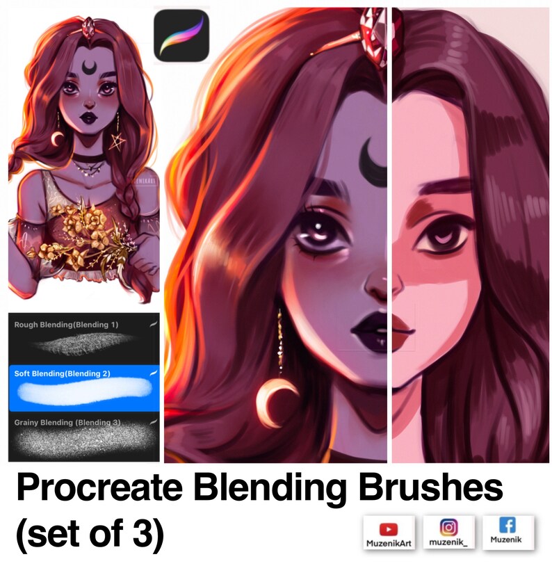 Op de afbeelding: Een digitale illustratieset met een personage met lang golvend haar, een maansikkel op het voorhoofd en maanvormige oorbellen. De afbeelding toont drie Procreate-mengpenseeltexturen met de labels Rough, Soft en Grainy Blending.