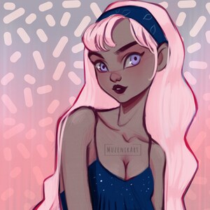 May include: A digital illustration of a woman with pink hair wearing a blue bandana and a blue sleeveless dress with white polka dots. The background is a pink and gray pattern.