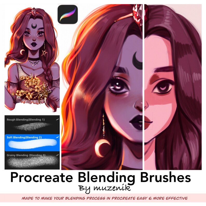 Op de afbeelding: Digitale illustratie van een personage met lang golvend haar, een maansikkel op het voorhoofd en maanvormige oorbellen. De afbeelding toont Procreate-mengpenseelinstellingen met de labels Rough, Soft en Grainy Blending, en de tekst Procreate Blending Brushes by muzenik.