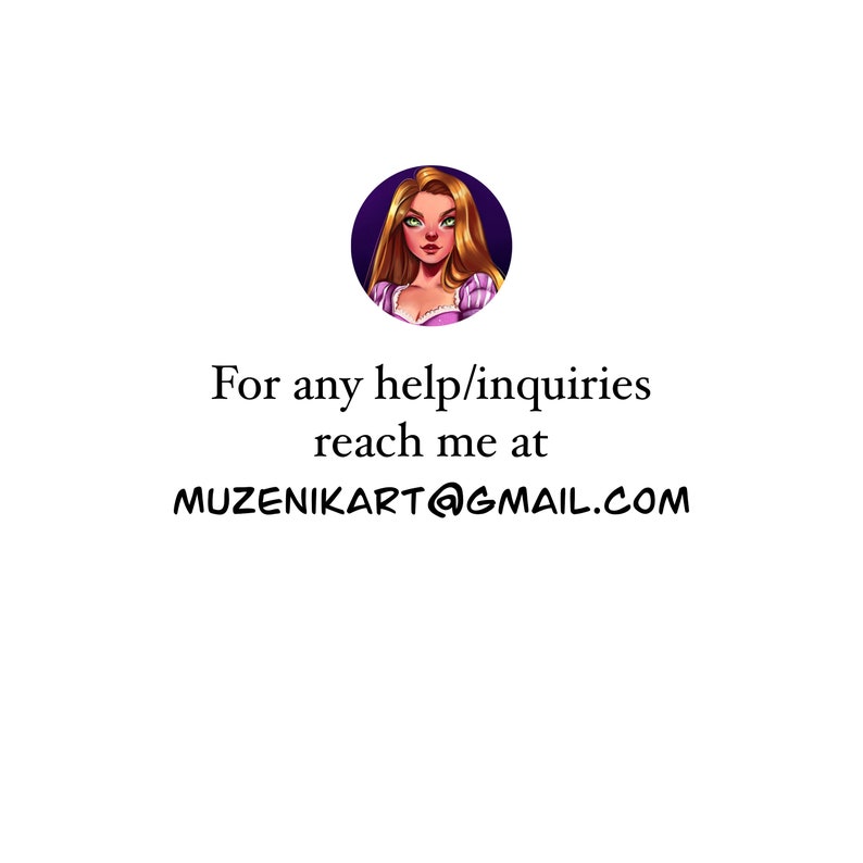 Op de afbeelding: Een cirkelvormige digitale illustratie van een personage met lang blond haar en groene ogen in een paars kledingstuk, geplaatst boven de tekst: For any help/inquiries reach me at MUZENIKART@GMAIL.COM. De achtergrond is wit.