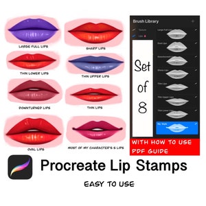 Può includere: Un set di 8 timbri per labbra Procreate per l'arte digitale. I timbri includono diverse forme di labbra, come labbra grandi e piene, labbra sottili e labbra ovali. L'immagine include anche una guida PDF con istruzioni su come utilizzare i timbri.