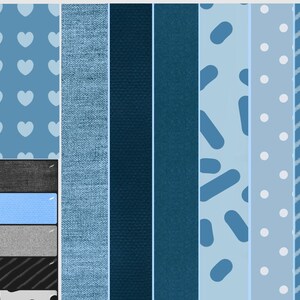May include: A collection of 10 different blue and white patterned digital paper designs. The patterns include hearts, stripes, polka dots, and geometric shapes.