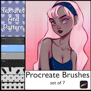 May include: A set of 7 Procreate brushes for digital art, featuring textures and patterns. The image shows a stylized illustration of a woman with pink hair and a blue bandana, wearing a blue top with white polka dots. The text "Procreate Brushes set of 7" is displayed below the illustration.