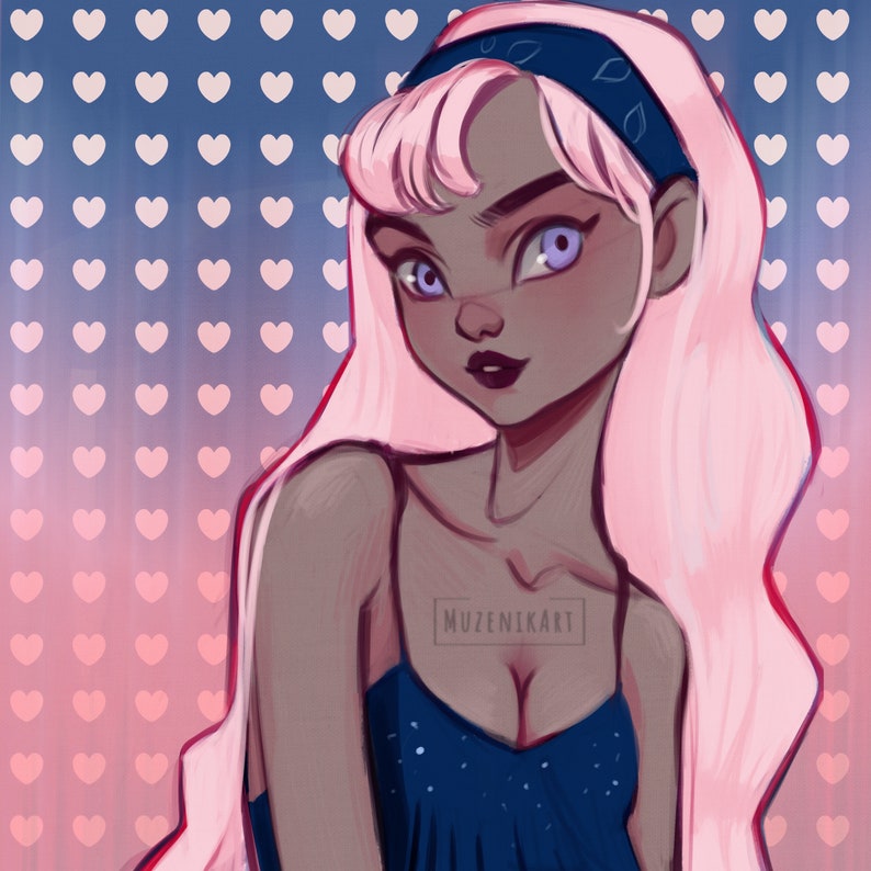 May include: A digital illustration of a woman with pink hair wearing a blue bandana and a blue sleeveless dress with white polka dots. The background is a gradient of pink and blue with white hearts.