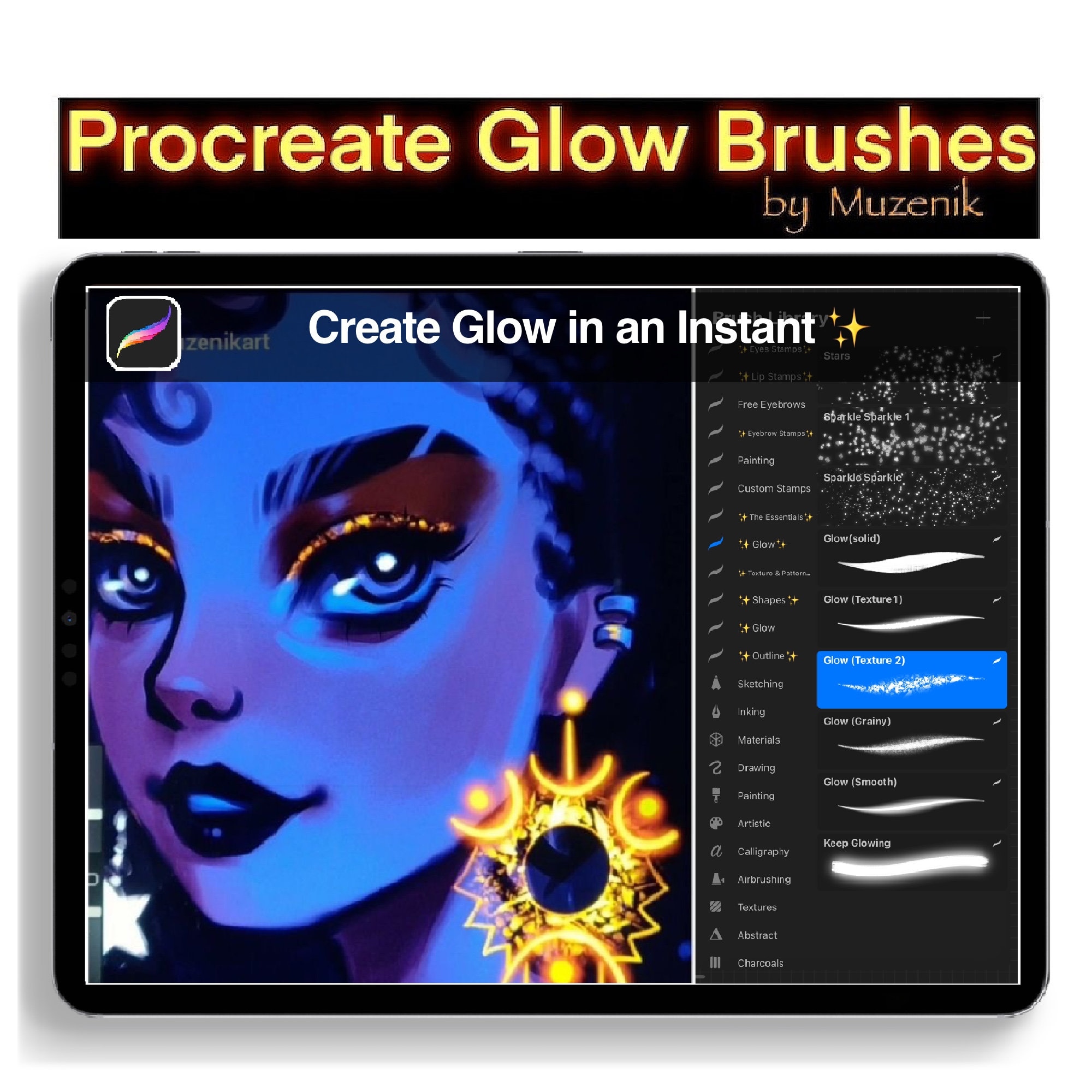 Pinceles Procreate Glow y Neón con Brillo de Muzenik — Set de efectos de luz instantáneos