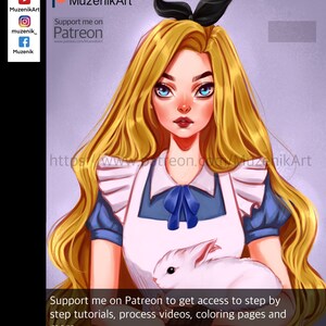 Op de afbeelding: Een digitale illustratie van een persoon met lang golvend blond haar en een zwarte haarband, gekleed in een blauwe jurk met een wit schort met ruches en een blauwe strik. De persoon houdt een klein wit konijn vast. Tekst bevat MuzenikArt en Patreon.