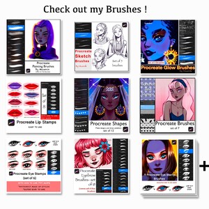 May include: A collection of digital Procreate brushes for use in the Procreate app. The brushes include a variety of styles, such as glow brushes, sketch brushes, lip stamps, eye stamps, eyebrow brushes, and shapes. The brushes are displayed on a white background with a colorful design.