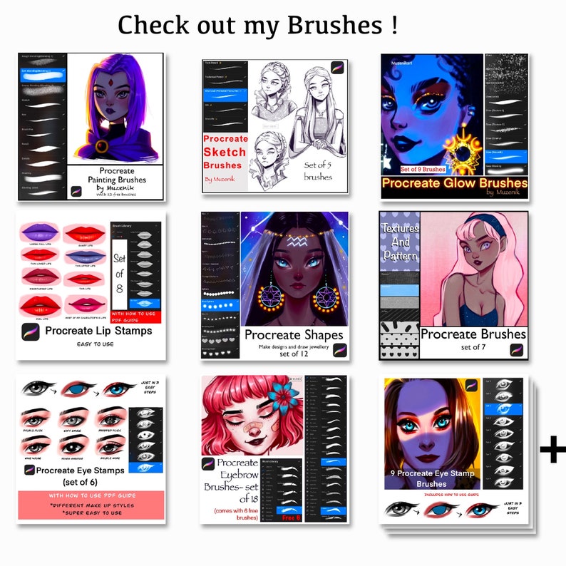 May include: A collection of digital Procreate brushes for use in the Procreate app. The brushes include a variety of styles, such as glow brushes, sketch brushes, lip stamps, eye stamps, eyebrow brushes, and shapes. The brushes are displayed on a white background with a colorful design.