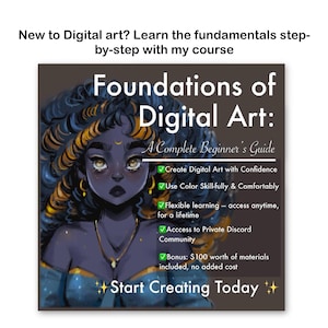 Op de afbeelding: Een advertentie voor een cursus digitale kunst getiteld Foundations of Digital Art: A Complete Beginner's Guide. Het bevat een illustratie van een persoon met een donkere huid, blauw en goud haar en een gouden ketting, naast een lijst met voordelen.