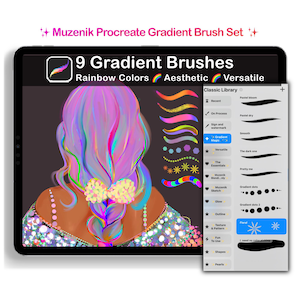 May include: A digital illustration on a tablet screen displaying the Muzenik Procreate Gradient Brush Set. The interface shows 9 gradient brushes, rainbow colors, and a classic library menu with various stroke examples and brush names listed.