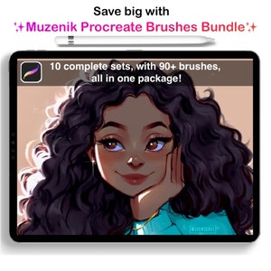 May include: A digital illustration of a woman with long, curly black hair, wearing a turquoise shirt. The image is displayed on a tablet screen with the text "Save big with Muzenik Procreate Brushes Bundle" and "10 complete sets, with 90+ brushes, all in one package!" above the illustration.