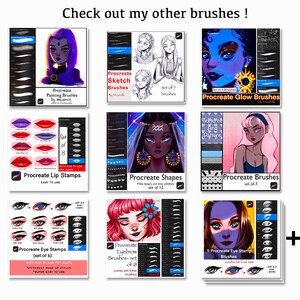 Op de afbeelding: Een digitale collectie van negen Procreate-penseel- en stempelsets met diverse artistieke hulpmiddelen voor schilderen, schetsen, gloeieffecten, lipstempels, vormen, texturen, oogstempels en wenkbrauwpenselen, getoond met illustratieve voorbeelden.