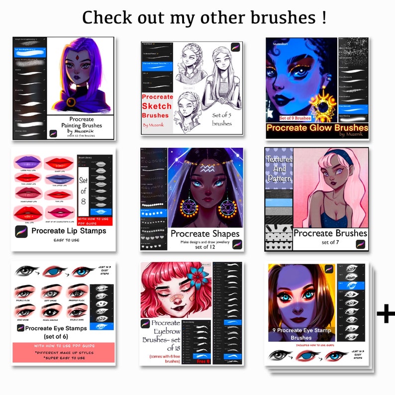 Op de afbeelding: Een digitale collectie van negen Procreate-penseel- en stempelsets met diverse artistieke hulpmiddelen voor schilderen, schetsen, gloeieffecten, lipstempels, vormen, texturen, oogstempels en wenkbrauwpenselen, getoond met illustratieve voorbeelden.