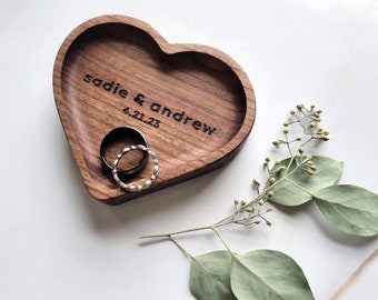 Heart Wood Ring Dish / Black Walnut / Names + Date Personalized