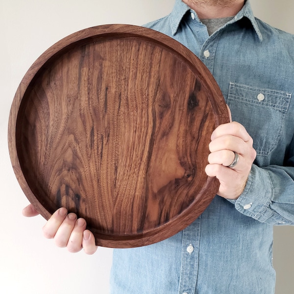 Round Wood Tray / Black Walnut / Charcuterie Board / Circle Coffee Table + Ottoman Tray