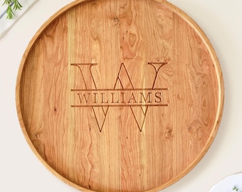 Personalized Extra Large Round Wood Tray / Cherry / Circle Coffee Table + Ottoman Tray / Charcuterie Board