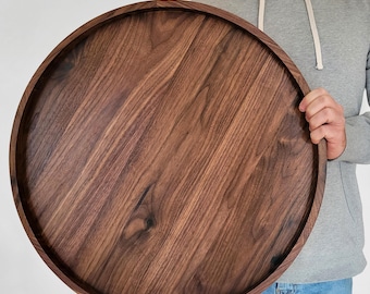 Lazy Susan Round Rimmed Wood Tray / Black Walnut / Circle Coffee Table + Ottoman Tray