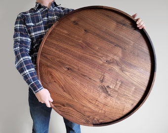 Extra Large Round Wood Tray / Black Walnut / Circle Coffee Table + Ottoman Tray / Charcuterie Board