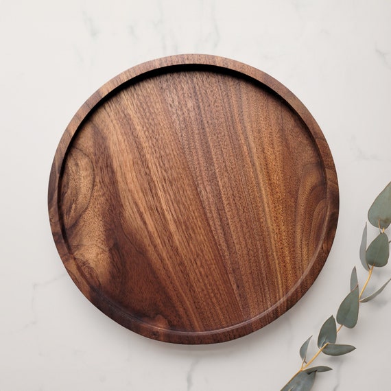 Round Wood Tray Black Walnut Shallow Circle Catchall Valet Tray Etsy