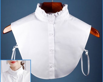 White Classic Cotton Ruffle False Upright Collar Design For Women Girls Ladies Collared Button Classical Shirt Bust Blouse Turtle Neck Top