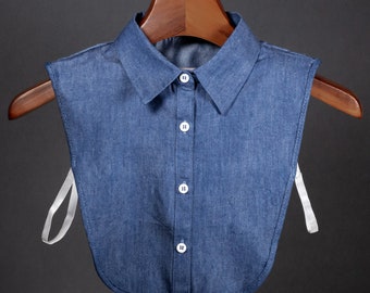 Azul denim falso clásico algodón cuello diseño para las mujeres señoras cuello camisa botón busto blusa clásica oxford jersey de estilo puntiagudo