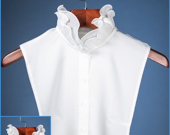 Volante blanco Clásico Satén Diseño de cuello falso vertical para mujeres Niñas Señoras Botón con cuello Camisa con cuello de tortuga Busto Blusa superior Cuello alto