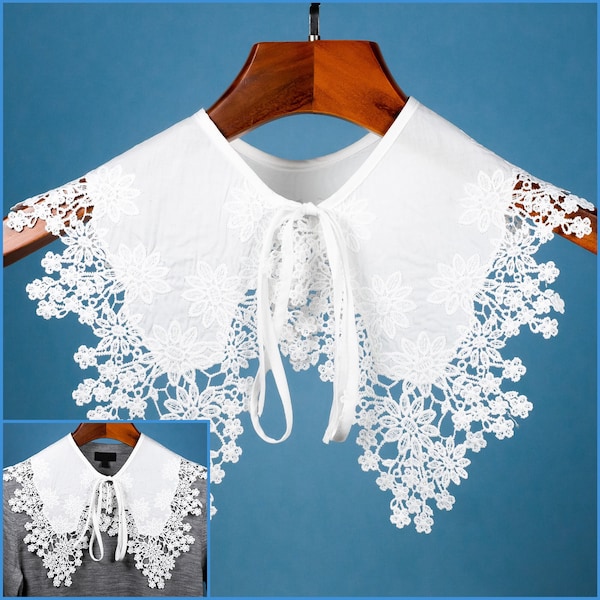 White Bertha Cotton Floral Collar Peter Pan Design For Women Girls Ladies Faux False Collared Neck Tie Ribbon Blouse Shirt Top Shoulder