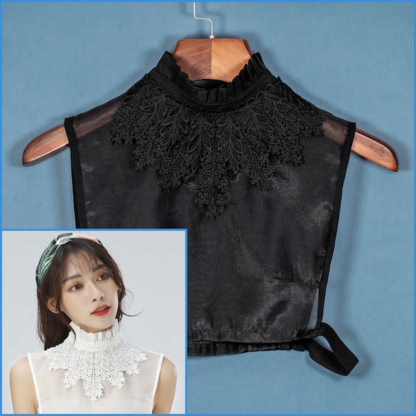 Black False Decorative Lace Collar Long Neck Design Intricate Top Sheer Chiffon For Women Girls Ladies Faux Collared Button Shirt Bust Crepe