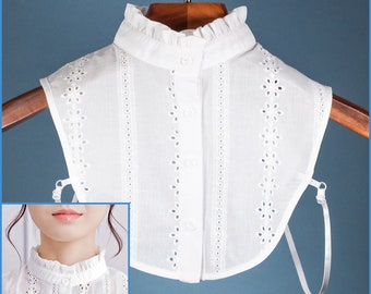 White Cotton Ruffle False Upright Collar Design For Women Girls Ladies Collared Button Embroidery Shirt Bust Floral Blouse Turtle Neck Top