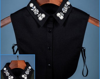 Noir Faux col crêpe pointu Strass Design brodé pour les filles Dames col bouton chemise Buste Blouse Haut pour cavalier