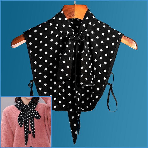 Black w White Polka Dot False Satin Collar Bow Tie Neck Design For Women Girl Ladies Collared Button Shirt Bust Blouse Necktie Top Polkadot