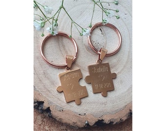 Handmade Personalised Engraved Rose Gold Interlocking Puzzle Jigsaw piece keyring set. Anniversary/Mothers day/Couples/His & Hers Gift.
