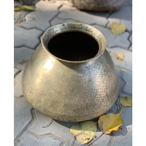 Indian vintage  brass handcrafted unique shape dish pot, vintage brass indian pots, glasses, lota on stand, indian furniture, brass cook