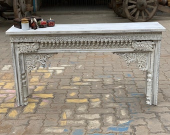 Wooden carved console table, distressed indian furniture, indian console table, hand carved table, engraved wooden table, floral table